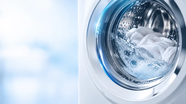 Wasmachinetrommel met water en schuim.