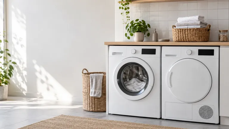 Wasmachine en droger naast elkaar in een lichte wasruimte.
